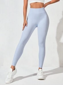 Yoga Basic Solid Ruched Back Wide Waistband Sports Leggings - Baby Blue - View 3