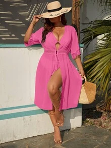 SHEIN Swim Curve Kimono con encaje en contraste con cordón delantero - Rosa Fucsia - Ver 4