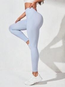 Yoga Basic Solid Ruched Back Wide Waistband Sports Leggings - Baby Blue - View 4
