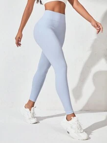 Yoga Basic Solid Ruched Back Wide Waistband Sports Leggings - Baby Blue - View 5