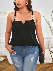 SHEIN Privé Áo hai dây Plus Size Chuỗi màu trơn Giải trí - màu đen - Xem 3