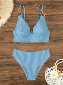 SHEIN Swim Ring Linked Underwire Bikini Set For Summer Beach - Blue - View 1