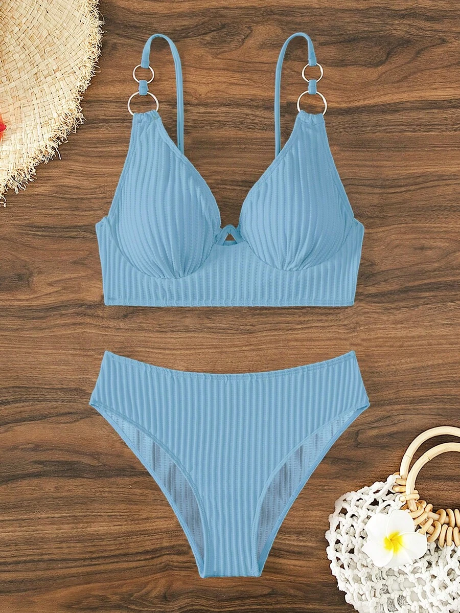 SHEIN Swim Ring Linked Underwire Bikini Set For Summer Beach - Blue - View 1