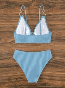 SHEIN Swim Ring Linked Underwire Bikini Set For Summer Beach - Blue - View 2
