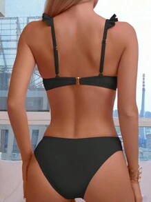 SHEIN Swim Summer Beach Frill Trim Push Up Bikini Set - Black - View 2