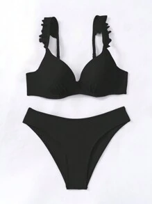 SHEIN Swim Summer Beach Frill Trim Push Up Bikini Set - Black - View 5