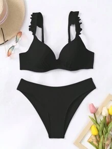 SHEIN Swim Summer Beach Frill Trim Push Up Bikini Set - Black - View 6