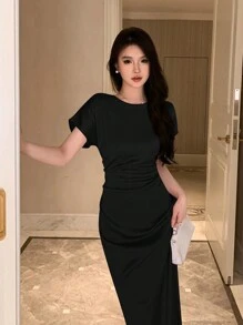 DAZY 素色蝙蝠袖側收褶連衣裙 - 黑色 - 查看 6