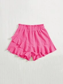 SHEIN VCAY 紙袋腰荷葉邊短褲 - 粉色 - 查看 3