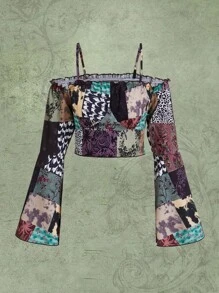 ROMWE Hippie Patchwork Print Cold Shoulder Blouse - Multicolor - View 1