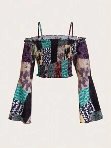 ROMWE Hippie Patchwork Print Cold Shoulder Blouse - Multicolor - View 2