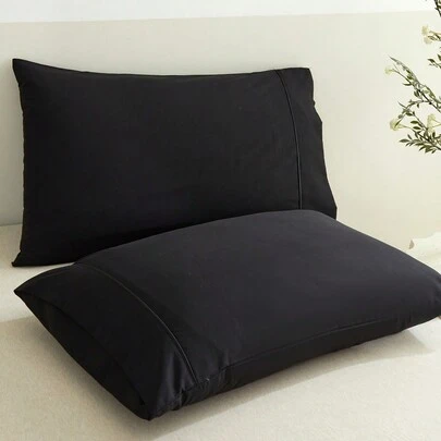 2入組黑色拉絲枕套和素色枕套帶繩索適用於四季