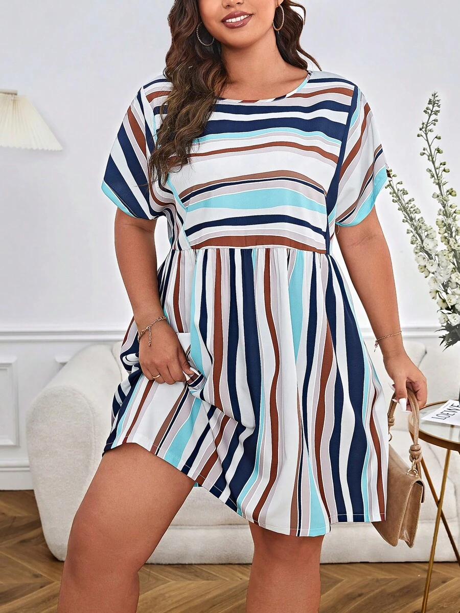 SHEIN Privé Đầm Plus Size Sọc Dễ thương - Nhiều màu - Xem 1