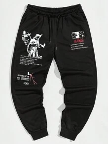 ROMWE MEN Street Life 男士口號圖形束帶腰運動褲 - 黑色 - 查看 1