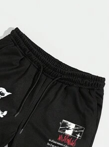 ROMWE MEN Street Life 男士口號圖形束帶腰運動褲 - 黑色 - 查看 3