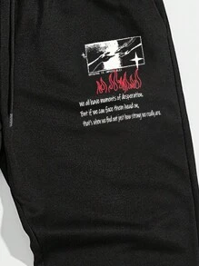 ROMWE MEN Street Life 男士口號圖形束帶腰運動褲 - 黑色 - 查看 4