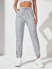 Quần Thể thao Nữ Dây kéo Túi Sọc bên Lá thư - Màu Xám nhạt - Xem 4