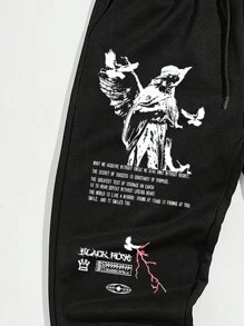 ROMWE MEN Street Life 男士口號圖形束帶腰運動褲 - 黑色 - 查看 5