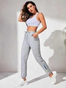 Quần Thể thao Nữ Dây kéo Túi Sọc bên Lá thư - Màu Xám nhạt - Xem 6