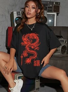 INAWLY Chinese Dragon & Letter Graphic Drop Shoulder Tee Graphic Tees Women Tops - Black - View 1