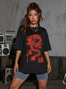 INAWLY Chinese Dragon & Letter Graphic Drop Shoulder Tee Graphic Tees Women Tops - Black - View 5