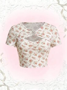 ROMWE 碎花環鏈前鏤空短款T恤 - 米色 - 查看 1