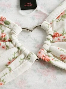 ROMWE 碎花環鏈前鏤空短款T恤 - 米色 - 查看 7