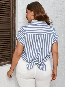 SHEIN LUNE Plus Striped Print Batwing Sleeve Shirt - Blue and White - View 2
