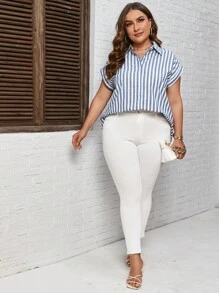 SHEIN LUNE Plus Striped Print Batwing Sleeve Shirt - Blue and White - View 5