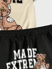 ROMWE MEN Street Life Men Bear Letter Graphic Tee & Striped Trim Drawstring Shorts, School - Multicolor - View 5