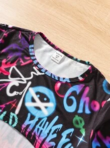 SHEIN 女大童字母圖案高低下擺T恤&吊帶連衣裙 - 黑色 - 查看 4