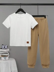 SHEIN 2 chiếc Tween Boys rộng rãi, thoải mái, đơn giản, áo thun ngắn tay quá khổ với chất liệu vải đặc biệt và quần thể thao kaki đồng màu có viền côn - Nhiều màu - Xem 1