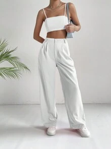 SHEIN EZwear 素色吊帶短上衣和褲子 - 白色 - 查看 1