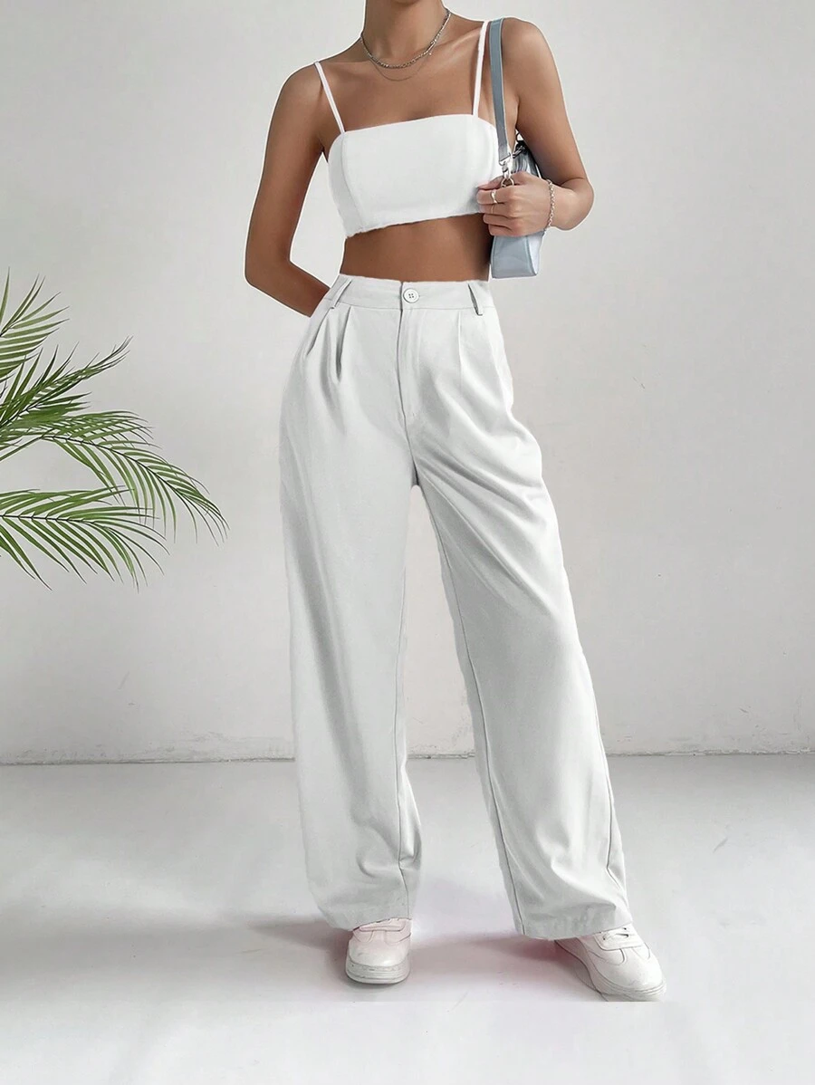 SHEIN EZwear 素色吊帶短上衣和褲子 - 白色 - 查看 1