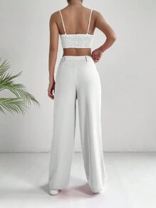 SHEIN EZwear 素色吊帶短上衣和褲子 - 白色 - 查看 2