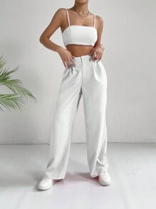 SHEIN EZwear 素色吊帶短上衣和褲子 - 白色 - 查看 3