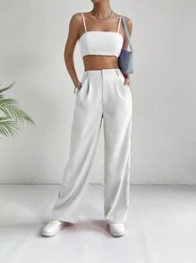 SHEIN EZwear 素色吊帶短上衣和褲子 - 白色 - 查看 4