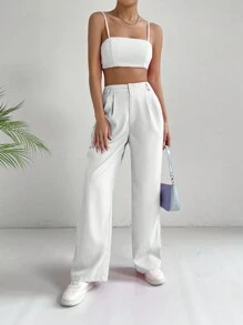SHEIN EZwear 素色吊帶短上衣和褲子 - 白色 - 查看 6