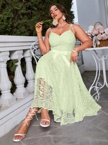 Simplee 大碼肩上打結腰帶蕾絲吊帶連衣裙 - 綠色 - 查看 1