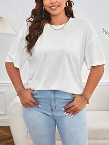 SHEIN Essnce Plus Solid Drop Shoulder Tee - White - View 2