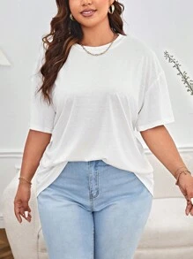 SHEIN Essnce Plus Solid Drop Shoulder Tee - White - View 4