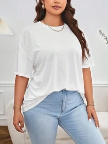 SHEIN Essnce Plus Solid Drop Shoulder Tee - White - View 6