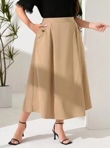 Mulvari Plus Solid Slant Pocket Flare Skirt - Khaki - View 2