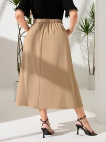 Mulvari Plus Solid Slant Pocket Flare Skirt - Khaki - View 3