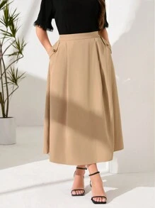 Mulvari Plus Solid Slant Pocket Flare Skirt - Khaki - View 4