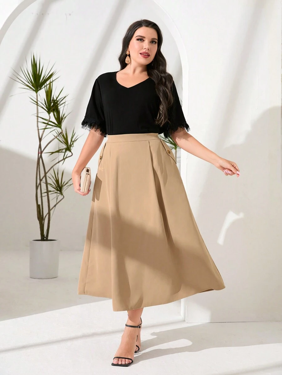 Mulvari Plus Solid Slant Pocket Flare Skirt - Khaki - View 1