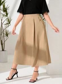Mulvari Plus Solid Slant Pocket Flare Skirt - Khaki - View 5