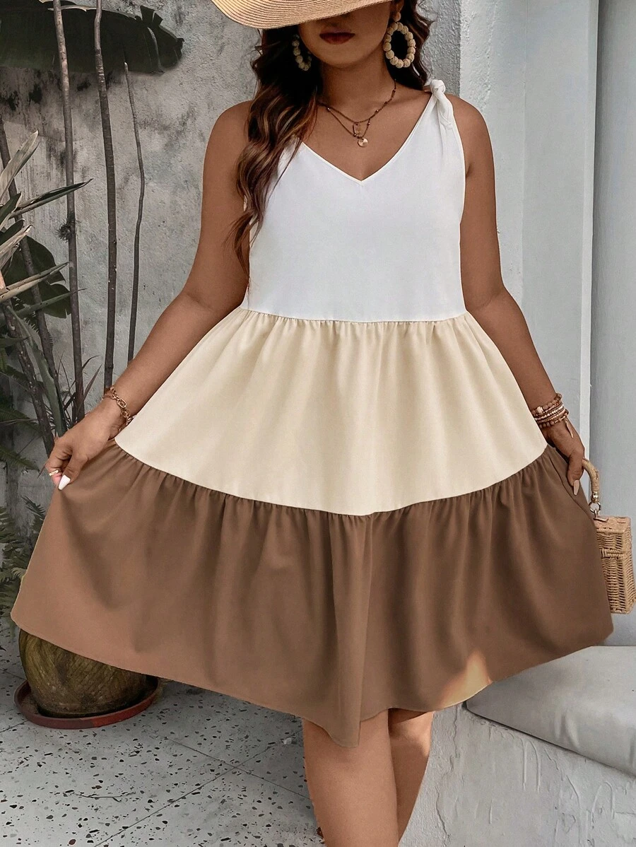 SHEIN LUNE 大碼撞色肩上打結荷葉邊洋裝 - 彩色 - 查看 1