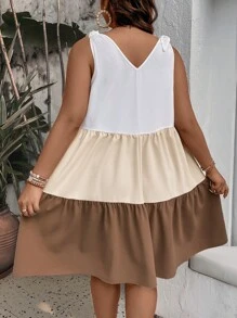 SHEIN LUNE 大碼撞色肩上打結荷葉邊洋裝 - 彩色 - 查看 2