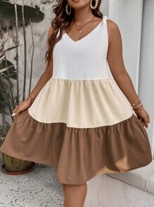 SHEIN LUNE 大碼撞色肩上打結荷葉邊洋裝 - 彩色 - 查看 3